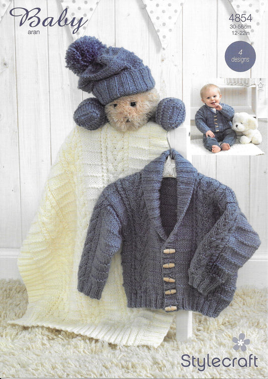 4854 Stylecraft Baby Aran baby jacket, hat, mittens and blanket knitting pattern