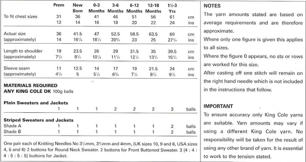 King Cole 2821 Baby, Child Plain and Striped Sweaters, Jackets Knitting pattern