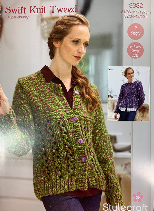 9332 Stylecraft Swift Knit Tweed super chunky ladies crew neck sweater and cardigan knitting pattern