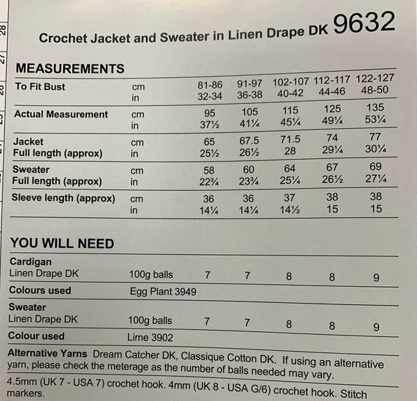 9632 Stylecraft Linen Drape dk ladies crochet jacket and sweater crochet pattern