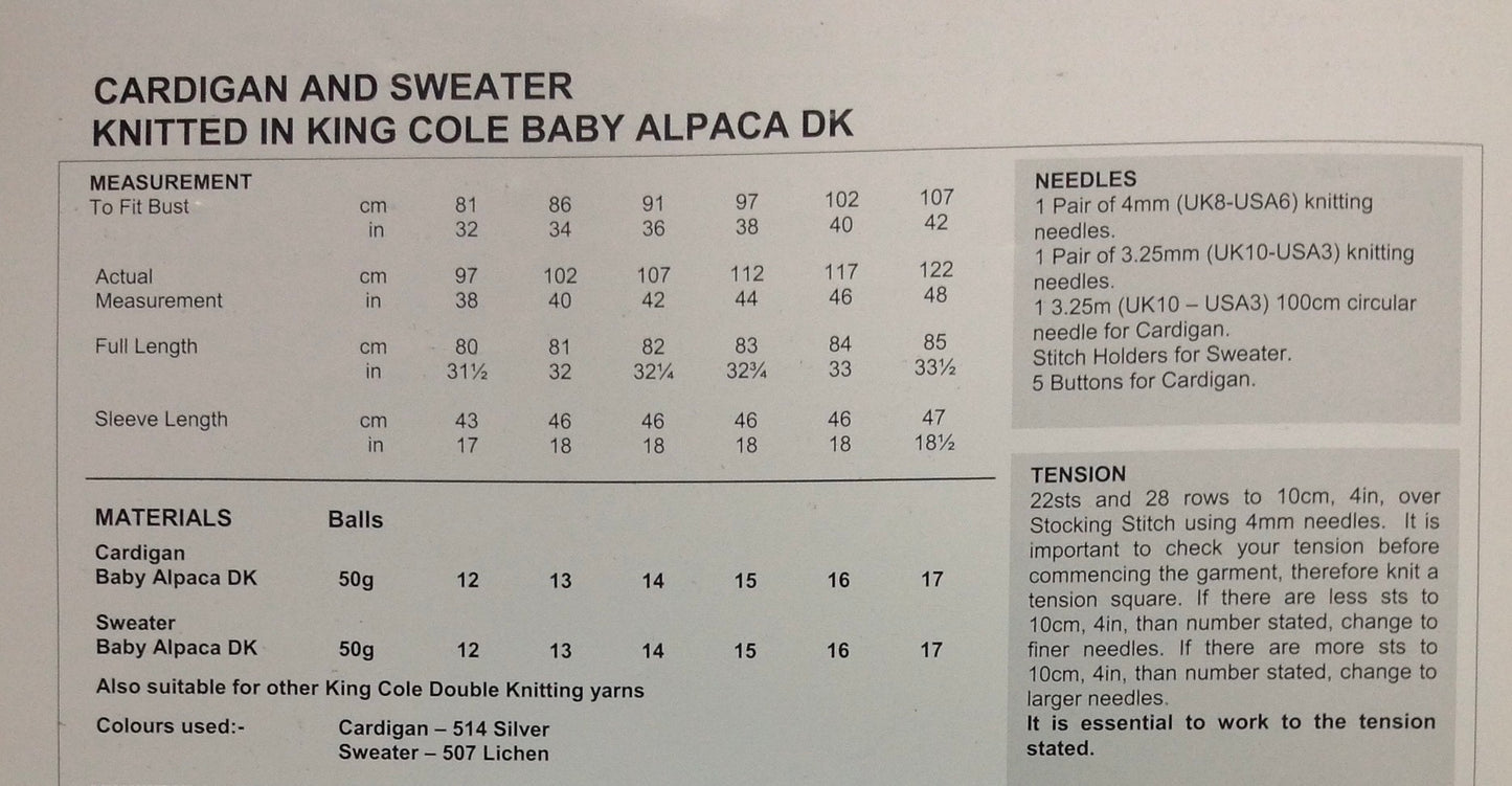 3455 King Cole Baby Alpaca Dk ladies Cardigan and Sweater knitting pattern