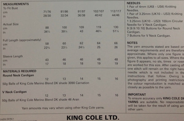 5078 King Cole Merino blend dk ladies round neck and V neck cardigan knitting pattern